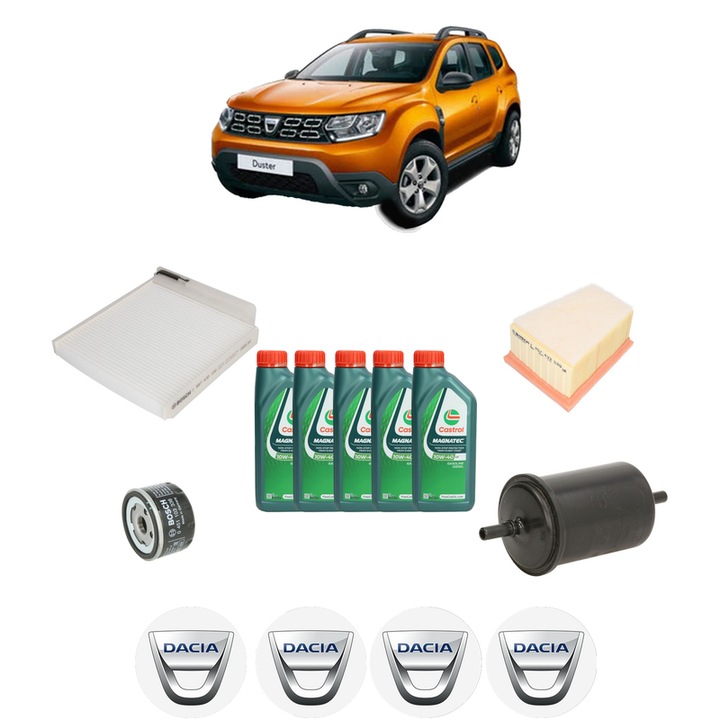 Pachet filtre revizie Bosch, 5 litri ulei Castrol 10W40 DACIA DUSTER SUV Van 1.6 16V 4x4 din 2011, 4x Stickere auto cu DACIA
