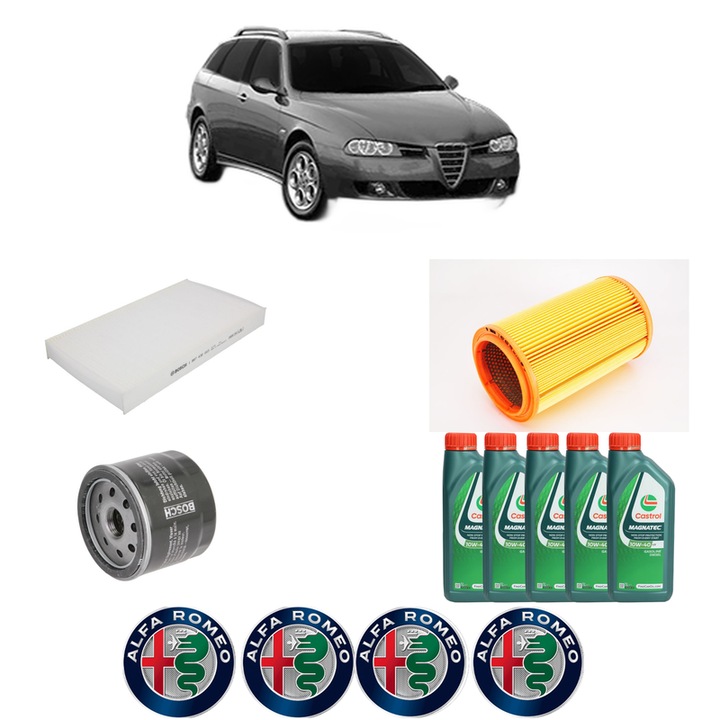 Pachet filtre revizie Bosch, 5 litrii ulei Castrol 10W40 ALFA ROMEO 156 Sportwagon (932_) 1.8 16V T.SPARK (932A3) din 2000, 4x Stickere auto cu ALFA ROMEO
