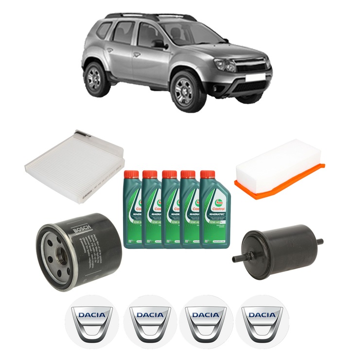 Pachet filtre revizie Bosch, 5 litrii ulei Castrol 10W40 DACIA DUSTER (HS_) 1.6 SCe 115 din 2015-2018, 4x Stickere auto cu DACIA