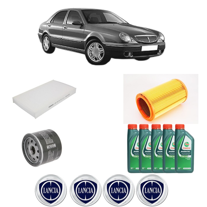 Pachet filtre revizie Bosch, 5 litrii ulei Castrol 10W40 LANCIA LYBRA (839_) 2.0 20V (839AXH1A) din 2000-2005, 4x Stickere auto cu LANCIA