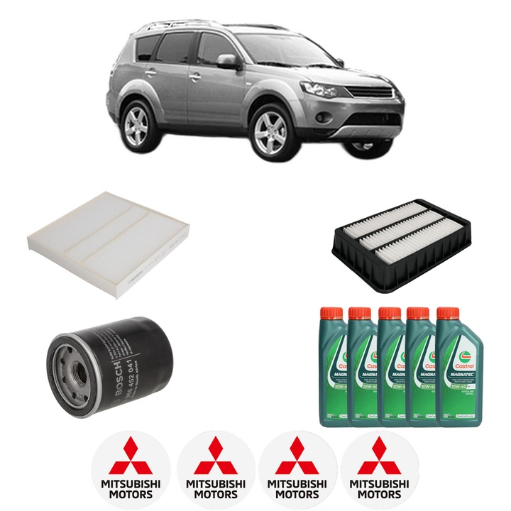 Pachet filtre revizie Bosch, 5 litri ulei Castrol 10W40 MITSUBISHI OUTLANDER II (CW_W) 3.0 AWD din 2006-2010, 4x Stickere auto cu MITSUBISHI