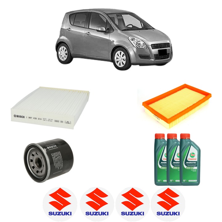 Pachet filtre revizie Bosch, 3 litrii ulei Castrol 10W40 SUZUKI SPLASH (EX) 1.0 (A5B310) din 2008, 4x Stickere auto cu SUZUKI