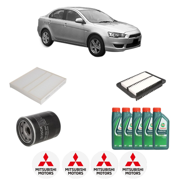 Pachet filtre revizie Bosch, 5 litrii ulei Castrol 10W40 MITSUBISHI LANCER VIII (CY_A, CZ_A) 1.6 MIVEC din 2010, 4x Stickere auto cu MITSUBISHI