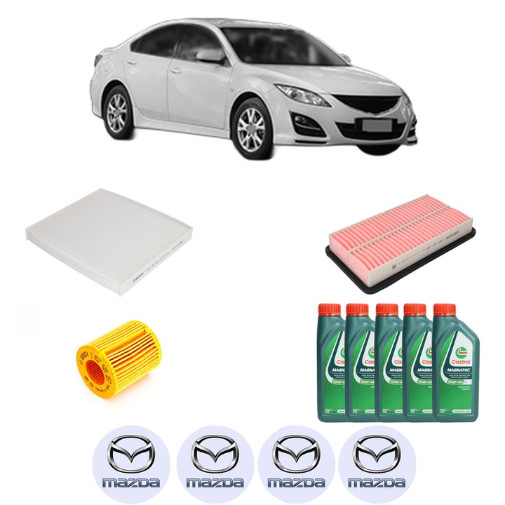 Pachet filtre revizie Bosch, 5 litrii ulei Castrol 10W40 MAZDA 6 Hatchback (GH) 2.0 MZR (GHEFS) din 2010-2012, 4x Stickere auto cu MAZDA