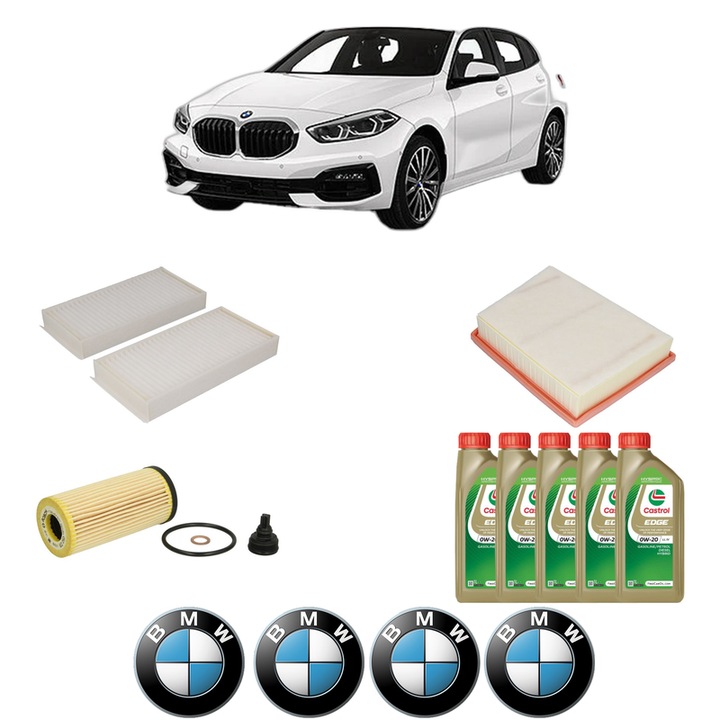 Pachet filtre revizie Bosch, 5 litrii ulei Castrol 0W20 BMW Seria 1 (F40) 116 i din 2020, 4x Stickere auto cu BMW