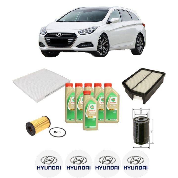 Pachet filtre revizie Bosch, 6 litrii ulei Castrol 5W30 HYUNDAI i40 I Kombi Van (VF) 1.7 CRDI din 2015-2019, 4x Stickere auto cu HYUNDAI