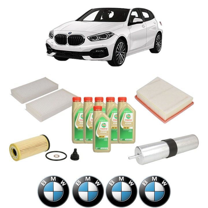 Pachet filtre revizie Bosch, 6 litrii ulei Castrol 5W30 BMW Seria 1 (F40) 120 d xDrive din 2019, 4x Stickere auto cu BMW