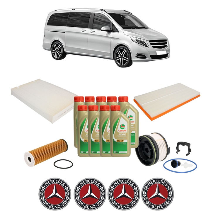 Pachet filtre revizie Bosch, 9 litrii ulei Castrol 5W40 MERCEDES-BENZ V-CLASS (W447) V 250 CDI / d 4-matic (447.811, 447.813) din 2019, 4x Stickere auto cu MERCEDES-BENZ