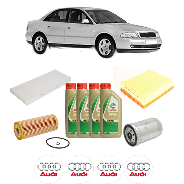 Pachet filtre revizie Bosch, 4 litri ulei Castrol 5W40 AUDI A4 B5 (8D2) 1.9 TDI din 2000, 4x Stickere auto cu AUDI