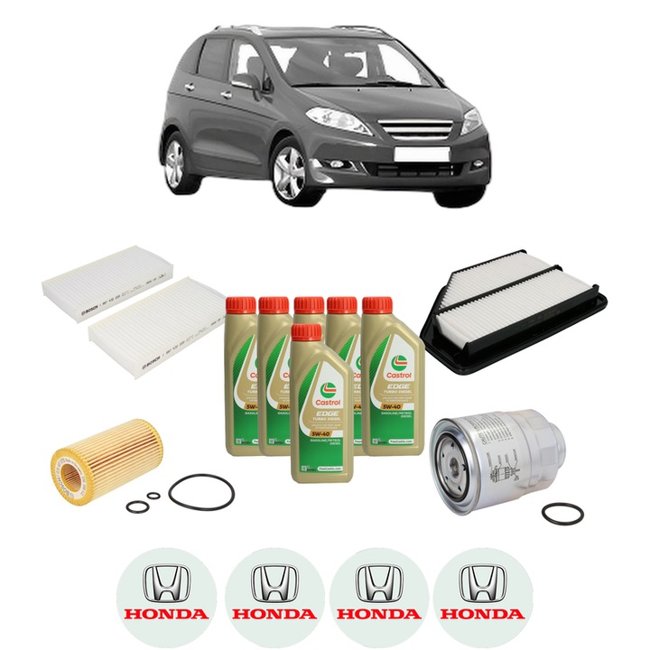 Pachet filtre revizie Bosch, 6 litrii ulei Castrol 5W40 HONDA FR-V (BE) 2.2 i CTDi (BE5) din 2005, 4x Stickere auto cu HONDA