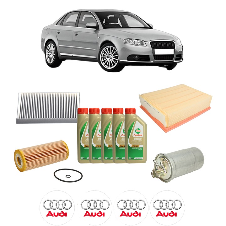 Pachet filtre revizie Bosch, 5 litrii ulei Castrol 5W40 AUDI A4 B7 (8EC) 1.9 TDI din 2004-2008, 4x Stickere auto cu AUDI