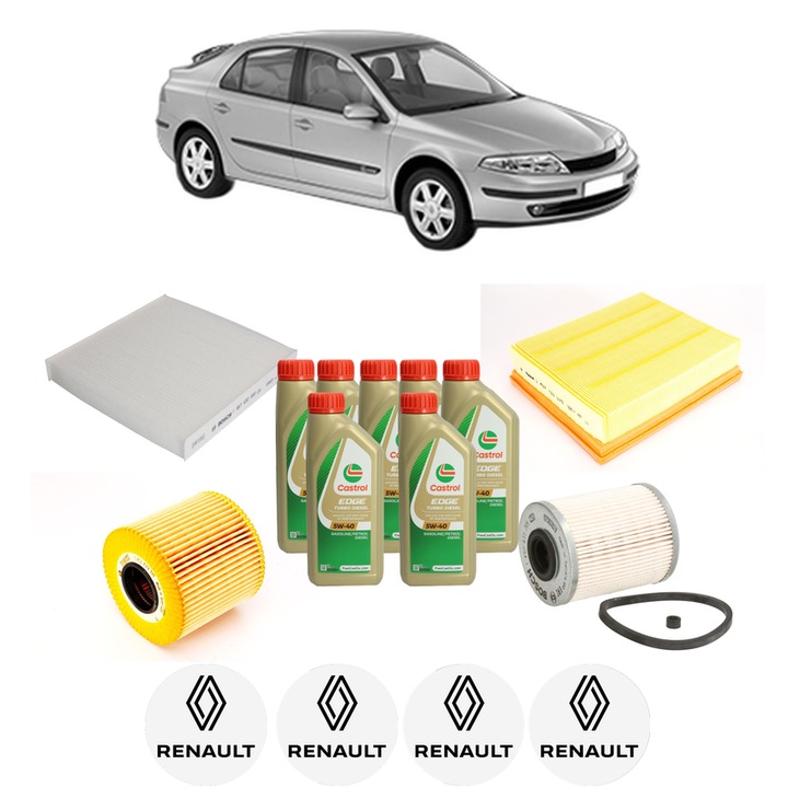 Pachet filtre revizie Bosch, 7 litrii ulei Castrol 5W40 RENAULT LAGUNA II (BG0/1_) 2.2 dCi din 2005-2007, 4x Stickere auto cu RENAULT