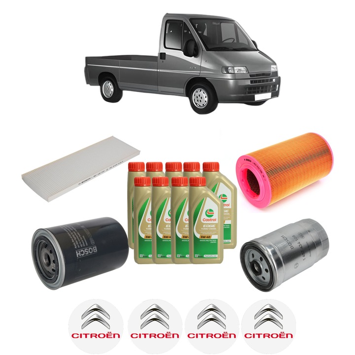 Pachet filtre revizie Bosch, 9 litrii ulei Castrol 5W40 CITROEN JUMPER I Platform/Chassis (230) 2.5 TDi 4x4 din 2000-2002, 4x Stickere auto cu CITROEN