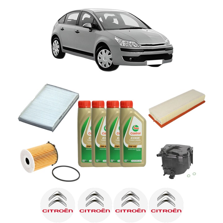 Pachet filtre revizie Bosch, 4 litrii ulei Castrol 5W40 CITROEN C4 I (LC_) 1.6 HDi din 2004-2011, 4x Stickere auto cu CITROEN