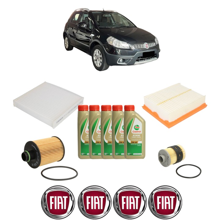 Pachet filtre revizie Bosch, 5 litrii ulei Castrol 5W40 FIAT SEDICI (189_) 2.0 D Multijet 4x4 din 2006-2014, 4x Stickere auto cu FIAT