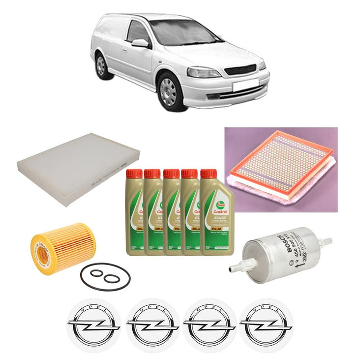 Pachet filtre revizie Bosch, 5 litrii ulei Castrol 5W40 OPEL ASTRA G Estate Van (F70) 1.7 CDTi (F70) din 2003-2004, 4x Stickere auto cu OPEL