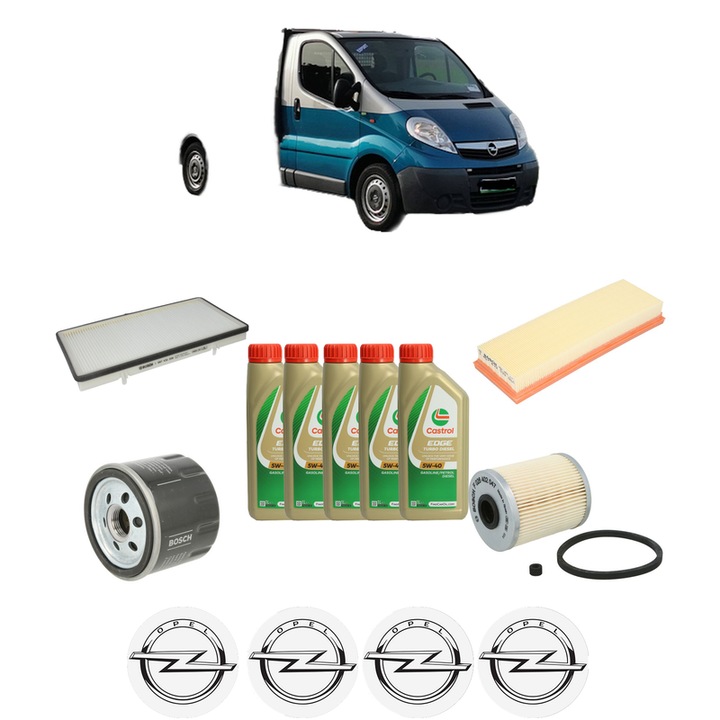 Pachet filtre revizie Bosch, 5 litri ulei Castrol 5W40 OPEL VIVARO A Platform/Chassis (X83) 1.9 Di din 2001-2014, 4x Stickere auto cu OPEL