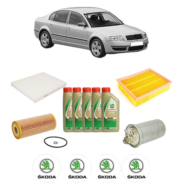 Pachet filtre revizie Bosch, 5 litrii ulei Castrol 5W40 SKODA SUPERB I (3U4) 1.9 TDI din 2005-2007, 4x Stickere auto cu SKODA