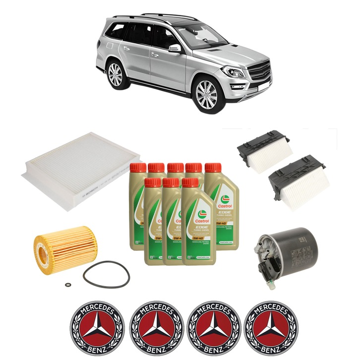 Pachet filtre revizie Bosch, 8 litrii ulei Castrol 5W40 MERCEDES-BENZ GL-CLASS (X166) GL 350 CDI / BlueTec 4-matic (166.823, 166.824) din 2012-2015, 4x Stickere auto cu MERCEDES-BENZ