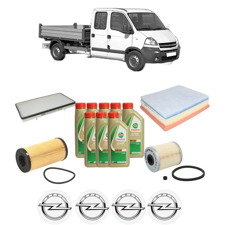 Pachet filtre revizie Bosch, 8 litrii ulei Castrol 5W40 OPEL MOVANO A Platform/Chassis (X70) 2.5 CDTI (ED, HD, UD0, UD4) din 2006, 4x Stickere auto cu OPEL