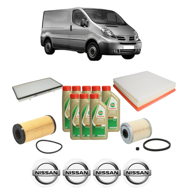 Pachet filtre revizie Bosch, 8 litrii ulei Castrol 5W40 NISSAN PRIMASTAR Van (X83) 2.0 dCi 115 din 2006, 4x Stickere auto cu NISSAN
