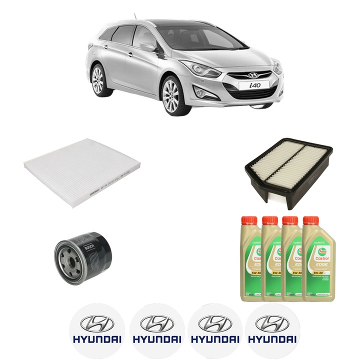 Pachet filtre revizie Bosch, 4 litrii ulei Castrol 5W30 HYUNDAI i40 I CW (VF) 1.6 GDI din 2011-2019, 4x Stickere auto cu HYUNDAI