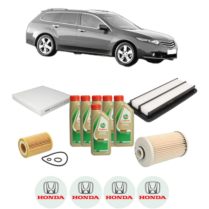 Pachet filtre revizie Bosch, 6 litrii ulei Castrol 5W40 HONDA ACCORD VIII Estate (CW) 2.2 i-DTEC (CW3) din 2008-2015, 4x Stickere auto cu HONDA