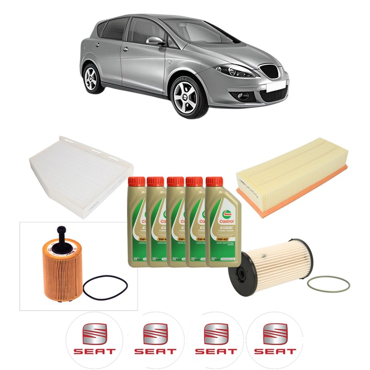 Pachet filtre revizie Bosch, 5 litri ulei Castrol 5W40 SEAT TOLEDO III (5P2) 1.9 TDI din 2004-2009, 4x Stickere auto cu SEAT