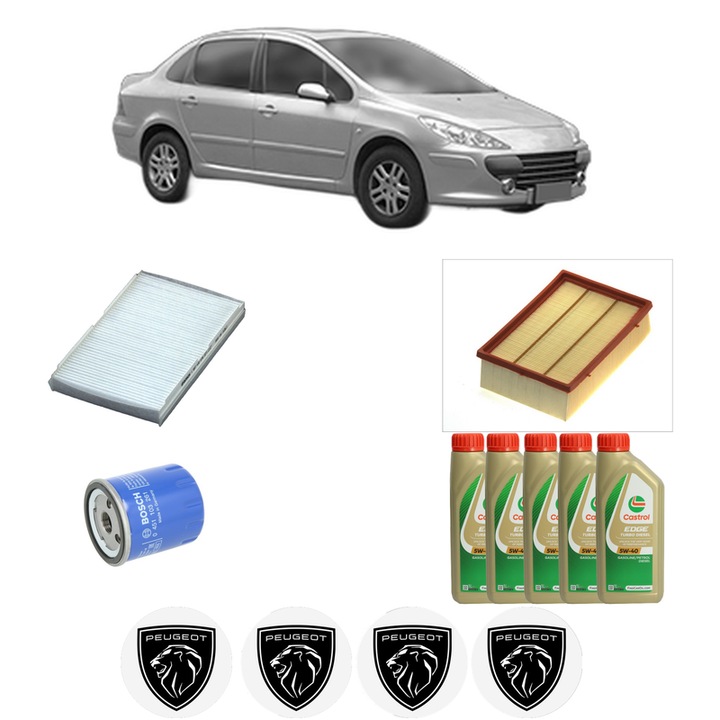 Pachet filtre revizie Bosch, 5 litrii ulei Castrol 5W40 PEUGEOT 307 Saloon 2.0 HDi din 2006-2012, 4x Stickere auto cu PEUGEOT