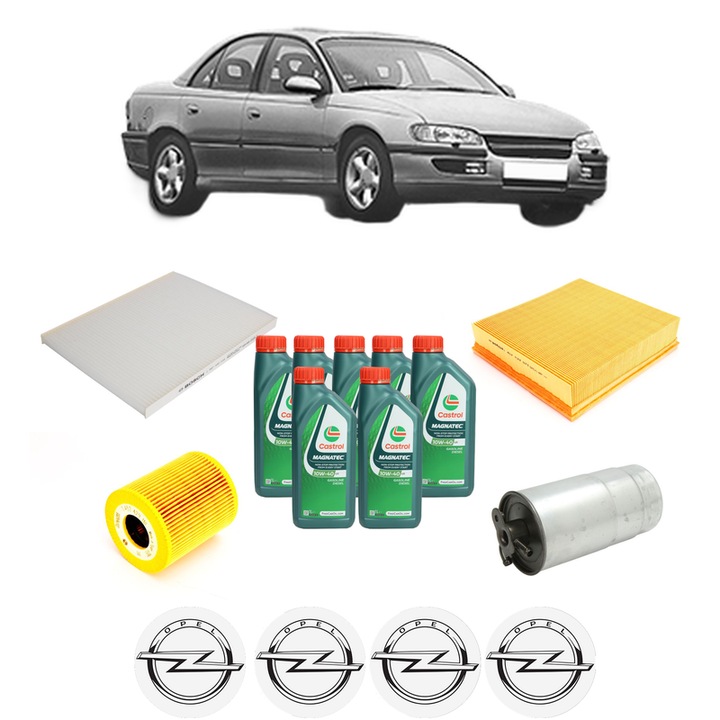 Pachet filtre revizie Bosch, 7 litrii ulei Castrol 10W40 OPEL OMEGA B (V94) 2.5 DTI (F69, M69, P69) din 2001-2003, 4x Stickere auto cu OPEL