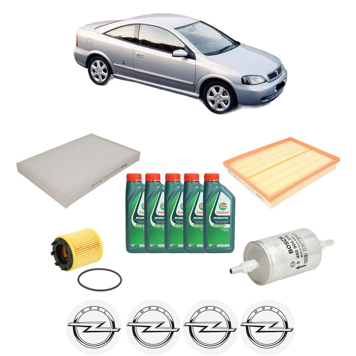 Pachet filtre revizie Bosch, 5 litrii ulei Castrol 10W40 OPEL ASTRA G Coupe (T98) 2.2 16V (F07) din 2000-2005, 4x Stickere auto cu OPEL