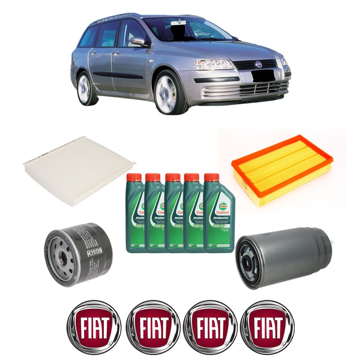 Pachet filtre revizie Bosch, 5 litrii ulei Castrol 10W40 FIAT STILO (192_) 1.9 JTD (192_XE1A) din 2001-2006, 4x Stickere auto cu FIAT