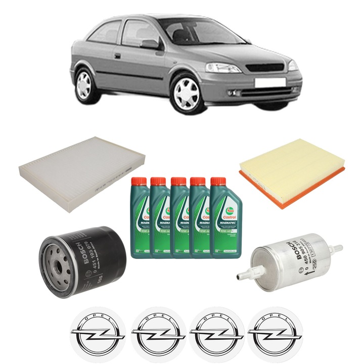 Pachet filtre revizie Bosch, 5 litri ulei Castrol 10W40 OPEL ASTRA G Hatchback (T98) 2.0 OPC (F08, F48) din 2002-2005, 4x Stickere auto cu OPEL