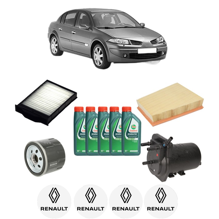 Pachet filtre revizie Bosch, 5 litri ulei Castrol 10W40 RENAULT MEGANE II Saloon (LM0/1_) 1.5 dCi (LM02, LM13, LM2A) din 2004-2010, 4x Stickere auto cu RENAULT