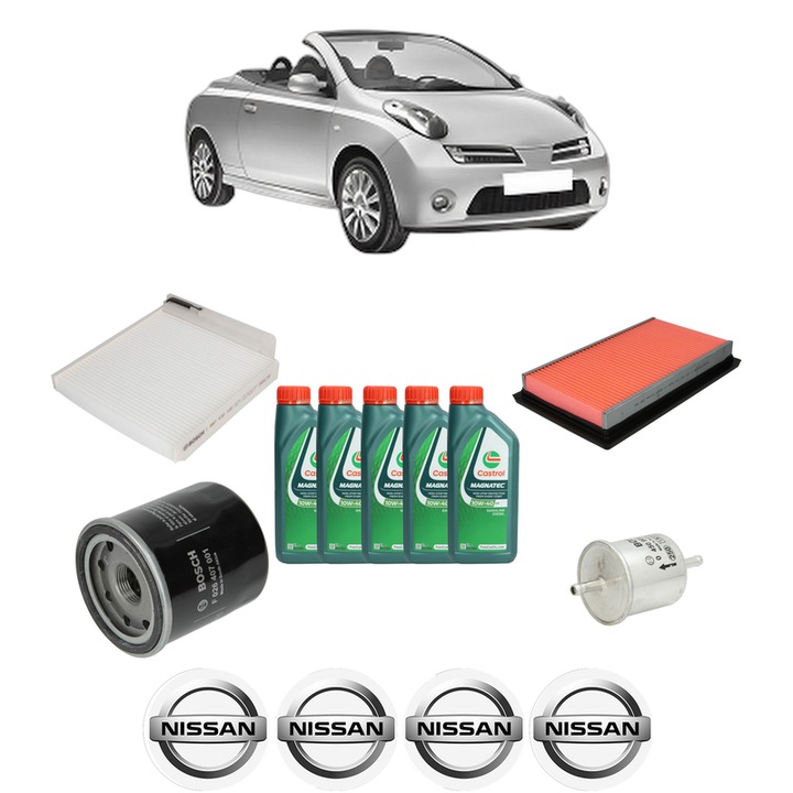 Pachet filtre revizie Bosch, 5 litrii ulei Castrol 10W40 NISSAN MICRA C+C III (K12) 1.6 160 SR din 2005-2010, 4x Stickere auto cu NISSAN