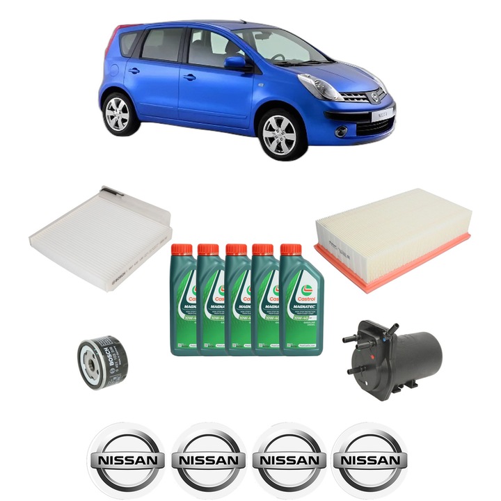 Pachet filtre revizie Bosch, 5 litrii ulei Castrol 10W40 NISSAN NOTE (E11, NE11) 1.5 dCi din 2006-2012, 4x Stickere auto cu NISSAN