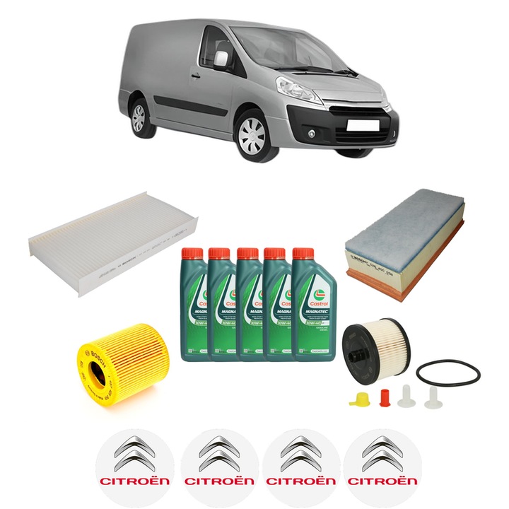 Pachet filtre revizie Bosch, 5 litrii ulei Castrol 10W40 CITROEN JUMPY II Van 2.0 HDi 140 din 2007-2016, 4x Stickere auto cu CITROEN