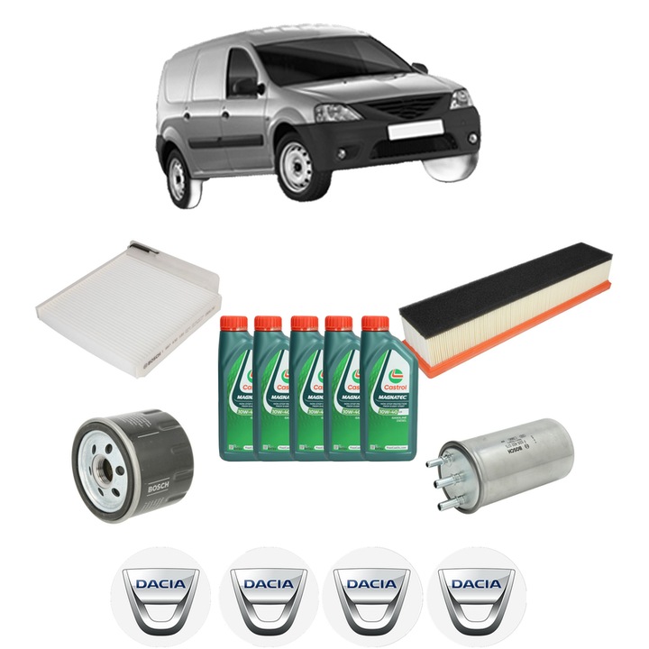 Pachet filtre revizie Bosch, 5 litrii ulei Castrol 10W40 DACIA LOGAN EXPRESS (FS_) 1.5 dCi (FS0K) din 2009, 4x Stickere auto cu DACIA