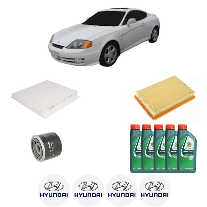 Pachet filtre revizie Bosch, 5 litrii ulei Castrol 10W40 HYUNDAI COUPE II (GK) 2.7 V6 din 2001-2009, 4x Stickere auto cu HYUNDAI