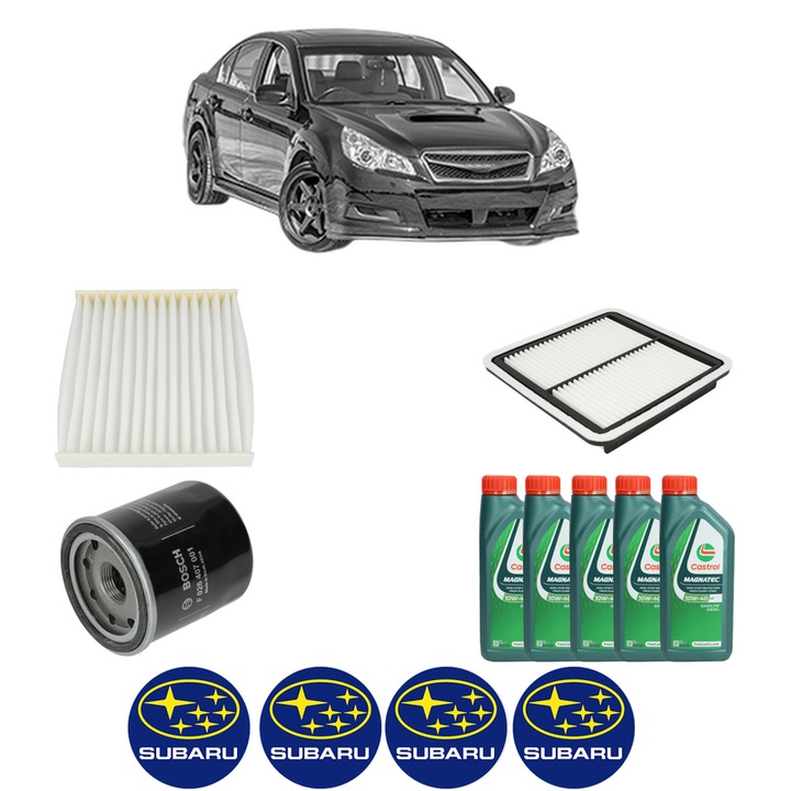 Pachet filtre revizie Bosch, 5 litrii ulei Castrol 10W40 SUBARU LEGACY V (BM) 2.0 i LPG AWD din 2009-2011, 4x Stickere auto cu SUBARU