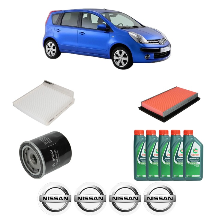 Pachet filtre revizie Bosch, 5 litrii ulei Castrol 10W40 NISSAN NOTE (E11, NE11) 1.6 din 2006-2012, 4x Stickere auto cu NISSAN