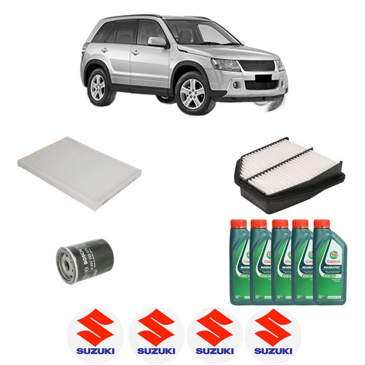 Pachet filtre revizie Bosch, 5 litrii ulei Castrol 10W40 SUZUKI GRAND VITARA II (JT, TE, TD) 2.4 All-wheel Drive (JT424, JB424, TDA4) din 2009, 4x Stickere auto cu SUZUKI