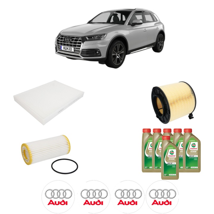 Pachet filtre revizie Bosch, 6 litrii ulei Castrol 0W20 AUDI Q5 (FYB, FYG) 40 TFSI Mild Hybrid quattro din 2021, 4x Stickere auto cu AUDI
