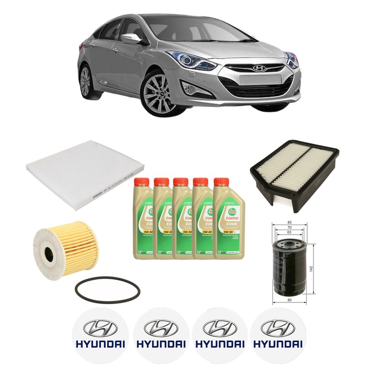 Pachet filtre revizie Bosch, 5 litrii ulei Castrol 5W30 HYUNDAI i40 I (VF) 1.6 CRDi din 2018-2019, 4x Stickere auto cu HYUNDAI