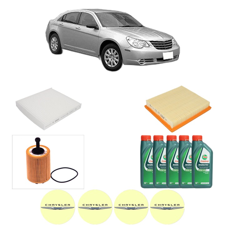 Pachet filtre revizie Bosch, 5 litrii ulei Castrol 10W40 CHRYSLER SEBRING (JS) 2.0 CRD din 2007-2010, 4x Stickere auto cu CHRYSLER