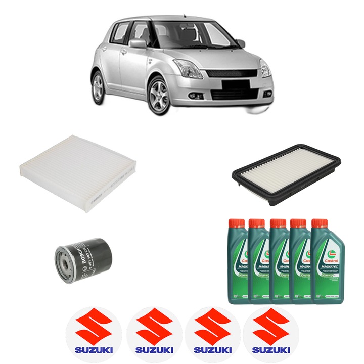 Pachet filtre revizie Bosch, 5 litrii ulei Castrol 10W40 SUZUKI SWIFT III (MZ, EZ) 1.3 (RS413, ZC11S) din 2005, 4x Stickere auto cu SUZUKI