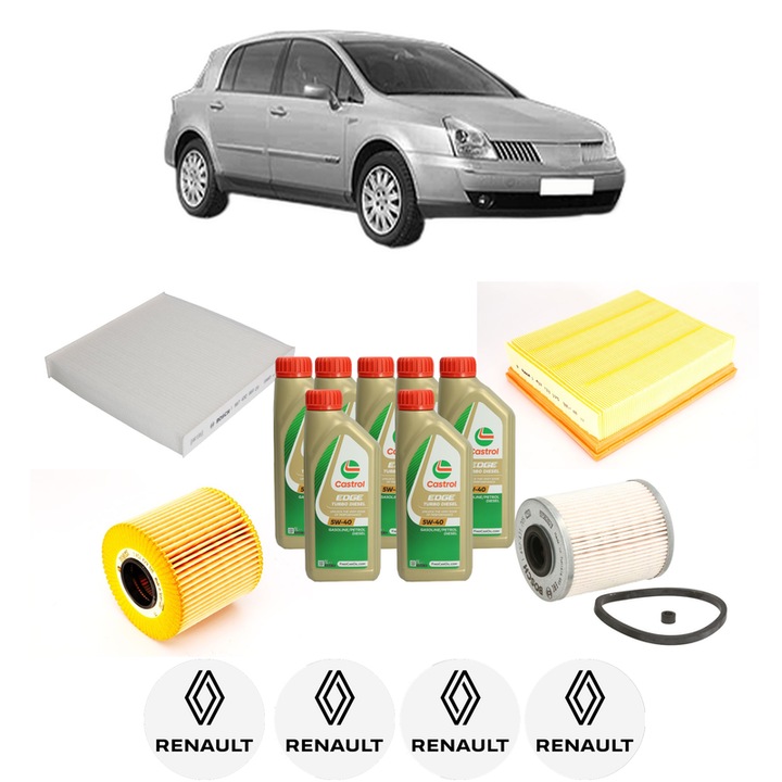 Pachet filtre revizie Bosch, 7 litrii ulei Castrol 5W40 RENAULT VEL SATIS (BJ0_) 2.2 dCi (BJ0E, BJ0F) din 2002-2009, 4x Stickere auto cu RENAULT