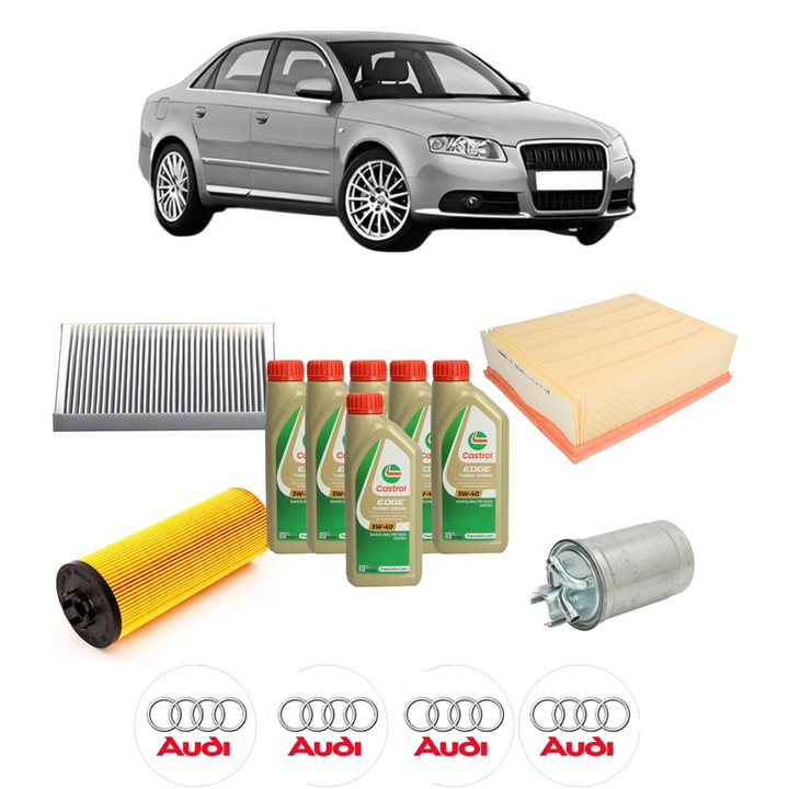 Pachet filtre revizie Bosch, 6 litrii ulei Castrol 5W40 AUDI A4 B7 (8EC) 2.5 TDI din 2004-2006, 4x Stickere auto cu AUDI