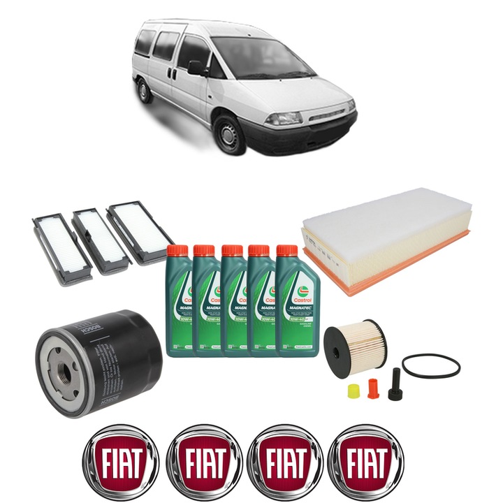 Pachet filtre revizie Bosch, 5 litrii ulei Castrol 10W40 FIAT SCUDO Bus (220_) 2.0 JTD din 2004-2006, 4x Stickere auto cu FIAT