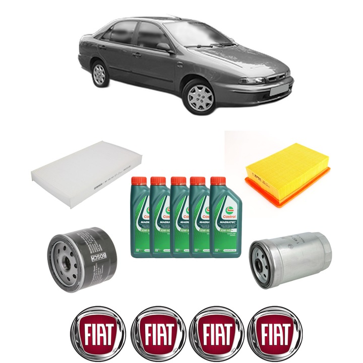 Pachet filtre revizie Bosch, 5 litrii ulei Castrol 10W40 FIAT MAREA (185_) 1.9 JTD 110 (185AXT1A) din 2000-2002, 4x Stickere auto cu FIAT